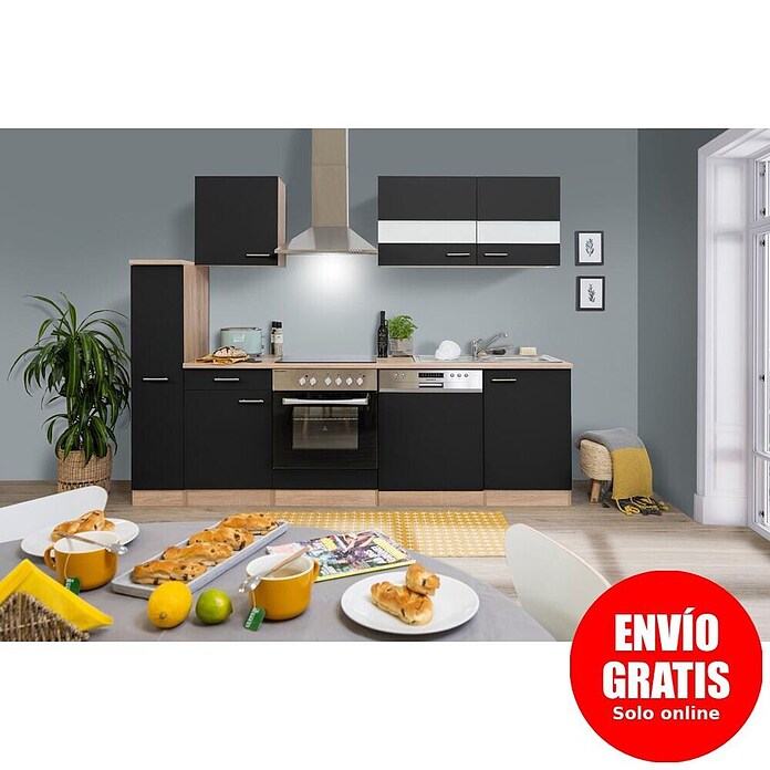 Respekta Composición de cocina (Ancho: 250 cm, Con dispositivos eléctricos, Negro)
