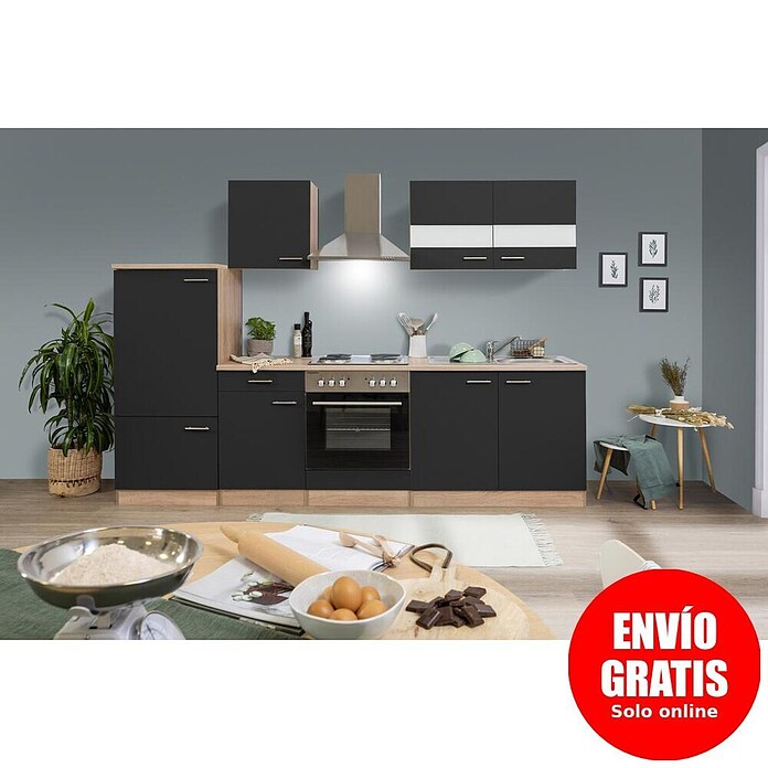 Respekta Composición de cocina (Ancho: 270 cm, Con dispositivos eléctricos, Negro)