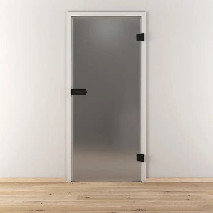 Diamond Doors Glasdrehtür Grey - 834 x 1.972 mm, DIN Anschlag: Rechts, Satiniertes Glas - Innentür aus satiniertem Glas mit weißem Rahmen und schwarzen Beschlägen, für Privatsphäre und modernes Design.