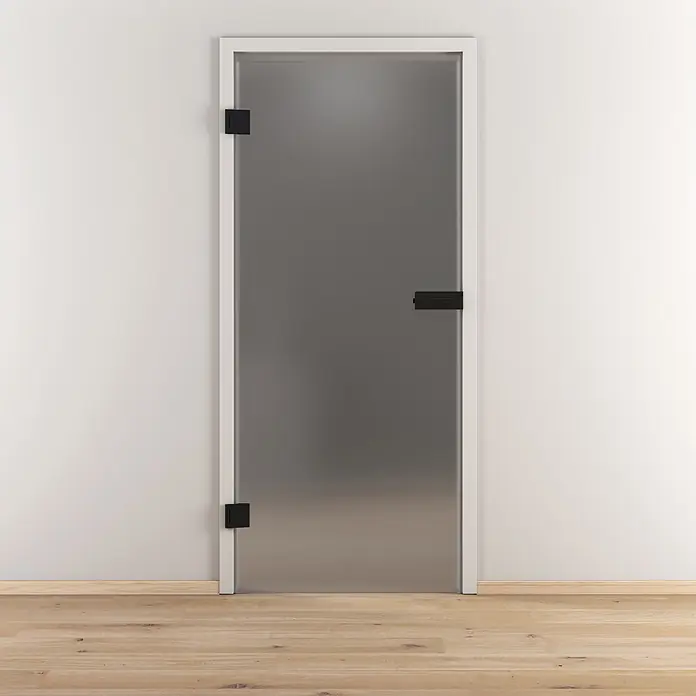 Diamond Doors Glasdrehtür Grey - 834 x 1.972 mm, DIN Anschlag: Links, Satiniertes Glas - Innenzimmertür aus Milchglas mit weißem Rahmen und schwarzen Scharnieren und Griff.