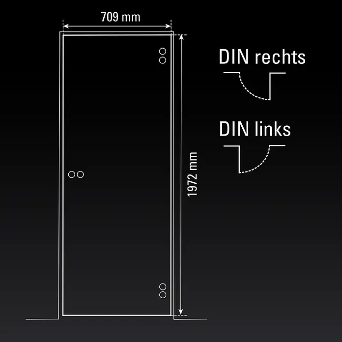 Diamond Doors Glasdrehtür Grey - 709 x 1.972 mm, DIN Anschlag: Links/Rechts, Klarglas - Diagramm eines Türblattes, 709x1972 mm, mit Maßen, Scharnier-/Griffpunkten und Diagrammen für DIN rechts und links Öffnungsrichtungen.