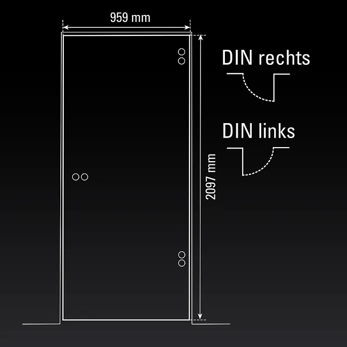 Diamond Doors Glasdrehtür Grey - 959 x 1.972 mm, DIN Anschlag: Links/Rechts, Klarglas - Technische Zeichnung einer Tür mit Maßen 959mm x 2097mm und DIN rechts/links Öffnungsarten.