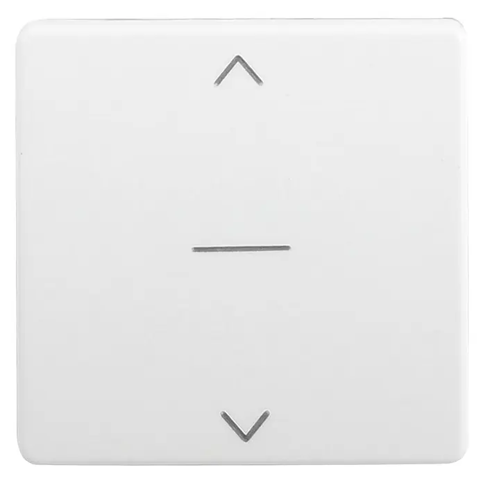Simon 27 Interruptores para persianas - Blanco, Montaje en la pared - Primer plano de un control de persiana blanco, de forma cuadrada, con flechas hacia arriba y hacia abajo y una línea horizontal en el centro.