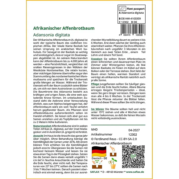 Saflax Blumensamen - Adansonia digitata - Informationsblatt mit Text, Bildern und Pflanzenpass für einen Afrikanischen Affenbrotbaum (Adansonia digitata).