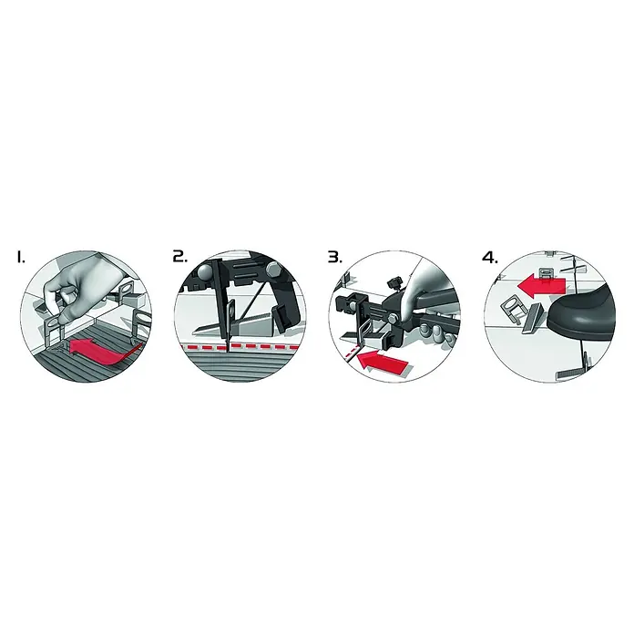 Heka Nivofix Laschen - Geeignet für: Plattenstärke 3 - 12 mm, 500 Stk. - Illustration eines Fliesen-Nivelliersystems in vier Schritten, das Clips, Keile und Zangen zum Ausrichten von Fliesen zeigt.