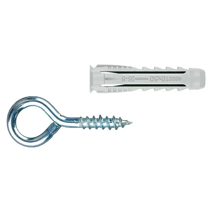 Index Taco BZALHCTS06 - Ø x L: 6 x 30 mm, 6 ud., Gris claro - Imagen de un tornillo de ojo y un taco.