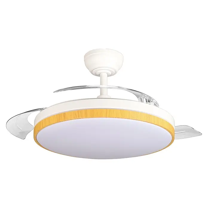 Led Hispania Ventilador de techo Belcaire - Blanco/Madera, 106 cm, 30 W, Blanco frío - Ventilador de techo blanco con aspas retráctiles transparentes, un anillo con efecto de madera clara y luz LED difusa central.