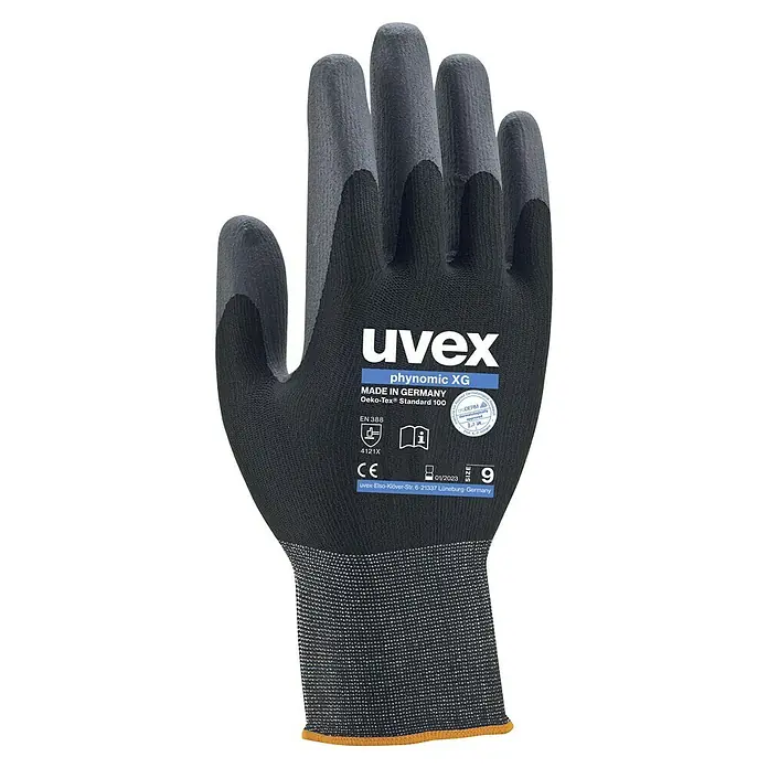 Uvex Arbeitshandschuhe Phynomic XG - Schwarz, 8 - Nahaufnahme eines schwarzen Uvex phynomic XG Arbeitshandschuhs, der für optimalen Schutz und Komfort bei Arbeiten konzipiert wurde.