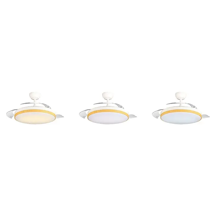 Led Hispania Ventilador de techo Belcaire - Blanco/Madera, 106 cm, 30 W, Blanco frío - Ventilador de techo blanco con detalle de madera clara, aspas transparentes retráctiles y luz ajustable.