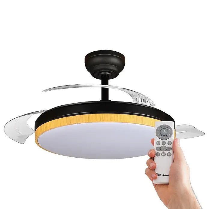 Led Hispania Ventilador de techo Belcaire - Negro/Madera, 106 cm, 30 W, Blanco frío - Ventilador de techo negro y efecto madera con aspas transparentes retráctiles y luz LED. Control remoto blanco en mano.