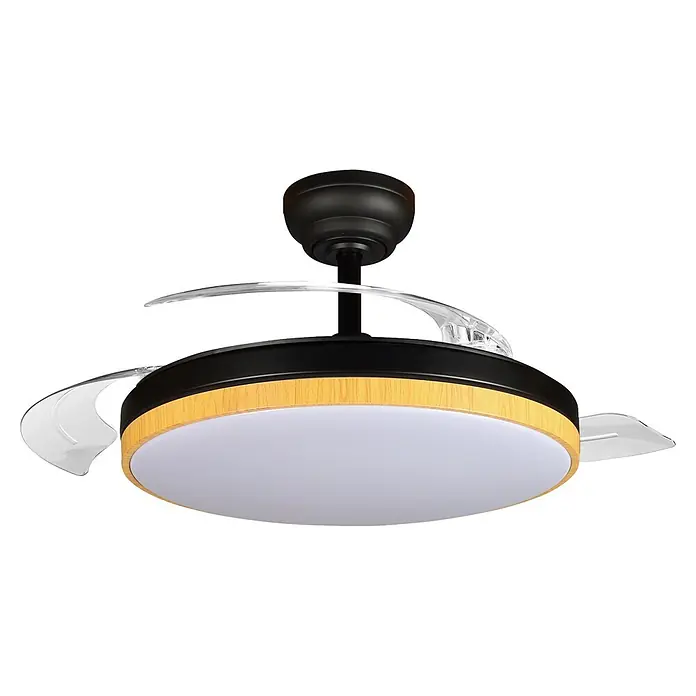 Led Hispania Ventilador de techo Belcaire - Negro/Madera, 106 cm, 30 W, Blanco frío - Ventilador de techo negro con aspas transparentes retráctiles y luz LED con borde de madera.