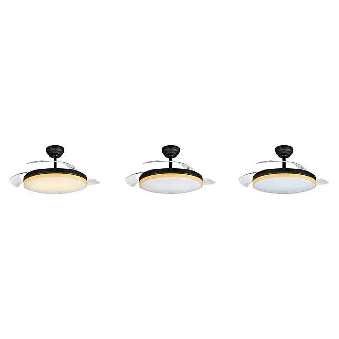 Led Hispania Ventilador de techo Belcaire - Negro/Madera, 106 cm, 30 W, Blanco frío - Ventilador de techo negro y madera con aspas retráctiles y luz integrada que muestra diferentes temperaturas de luz.