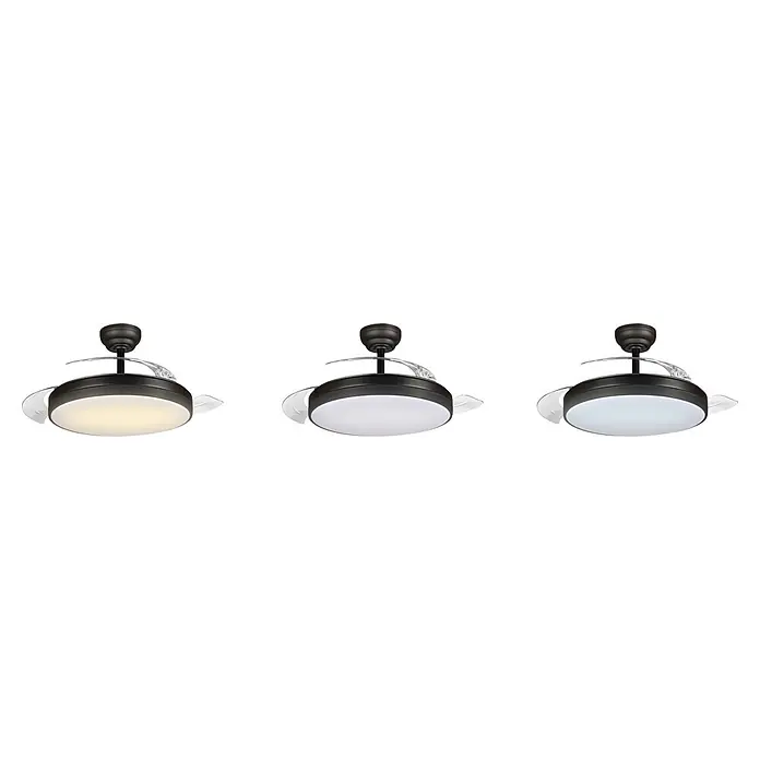 Led Hispania Ventilador de techo Belcaire - Negro, 106 cm, 30 W, Blanco frío - Ventilador de techo oscuro con aspas transparentes retráctiles y luz LED redonda, mostrando tres temperaturas de luz.
