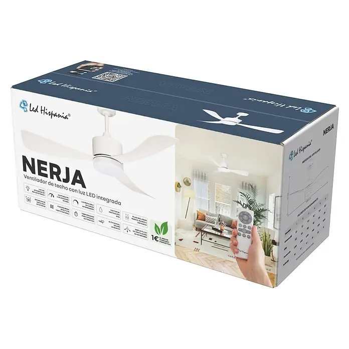 Led Hispania Ventilador de techo Nerja - Blanco, 106,6 cm, 29 W, Blanco neutro - Caja de producto blanca para un ventilador de techo Led Hispania NERJA, con el ventilador, detalles del producto y una escena de sala de estar.