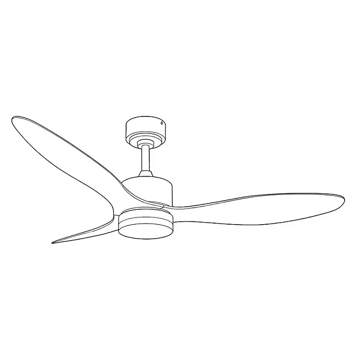 Led Hispania Ventilador de techo Vinaroz - Blanco, 132 cm, 51 W, Blanco frío - Dibujo lineal de un ventilador de techo moderno con dos aspas curvas, carcasa de motor cilíndrica y montaje en el techo.