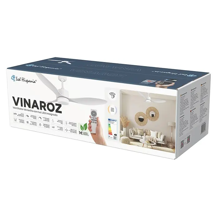 Led Hispania Ventilador de techo Vinaroz - Blanco, 132 cm, 51 W, Blanco frío - Caja de producto de ventilador de techo LED blanco, con el ventilador mostrado en una sala de estar moderna y un mando.