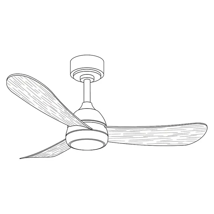 Led Hispania Ventilador de techo Orpesa - Blanco/Madera, 96,5 mm, 29 W, Blanco neutro - Dibujo lineal de un ventilador de techo de tres aspas con textura de veta de madera en las aspas.