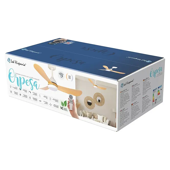Led Hispania Ventilador de techo Orpesa - Blanco/Madera, 96,5 mm, 29 W, Blanco neutro - Embalaje de ventilador de techo con luz LED integrada. El ventilador tiene carcasa blanca, aspas efecto madera clara y mando a distancia.