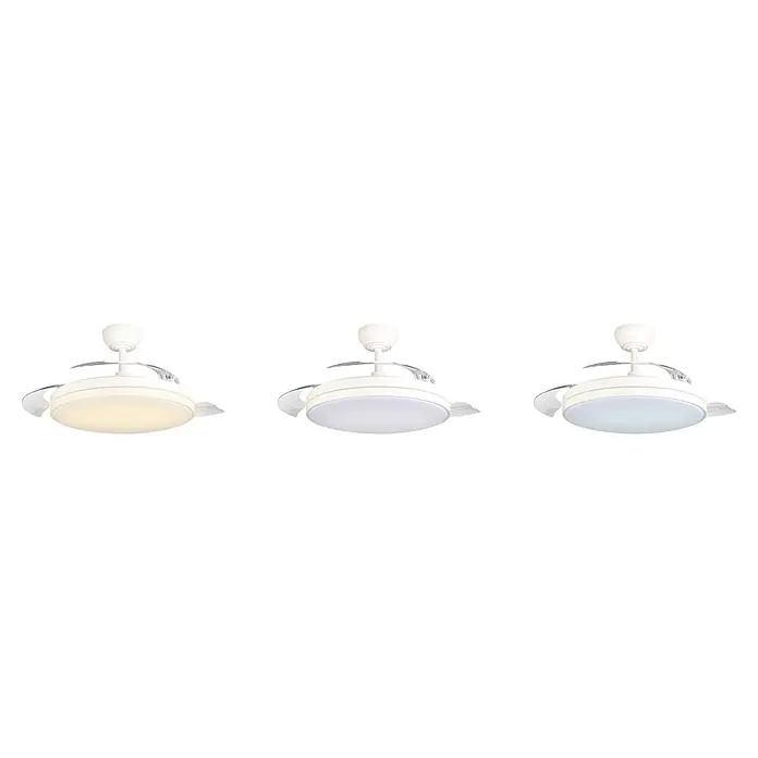 Led Hispania Ventilador de techo Belcaire - Blanco, 106 cm, 30 W, Blanco frío - Tres ventiladores de techo blancos con aspas retráctiles e iluminación LED integrada, mostrando luz cálida, fría y natural.