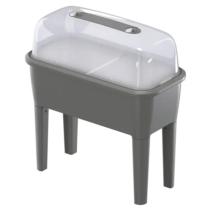 Hochbeet Respana Planter Set - 38,7 x 77 x 82 cm, Kunststoff, Steingrau - Graues Hochbeet mit transparenter Kunststoffhaube und verstellbaren Lüftungsschlitzen, auf Beinen stehend.