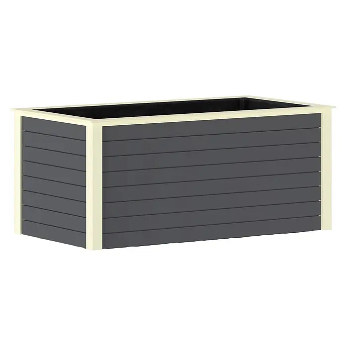 Karibu Hochbeet - 209 x 111 x 92 cm, Holz, Grau - Rechteckiger grauer Pflanzkübel mit Holzlamellen, hellem Holzrahmen und schwarzem Einsatz.