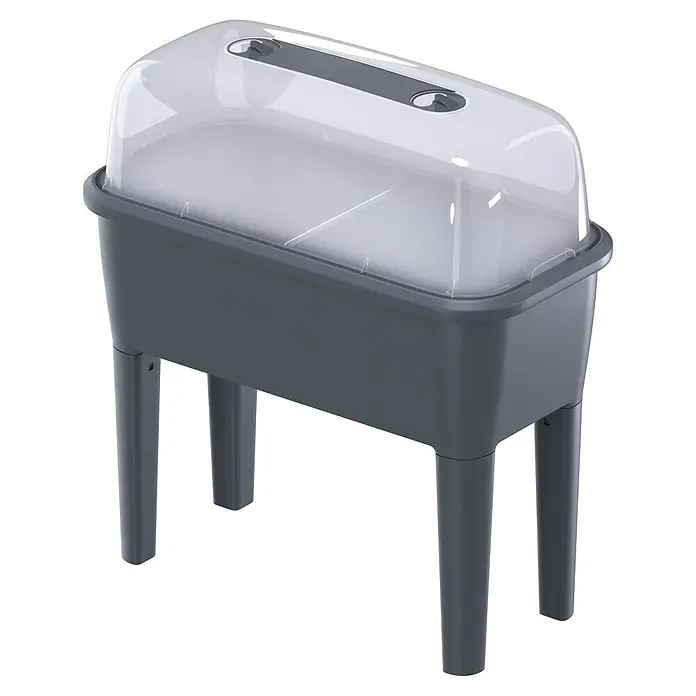 Hochbeet Respana Planter Set - 38,7 x 77 x 82 cm, Kunststoff, Anthrazit - Dunkelgraues Hochbeet mit transparenter Kuppelabdeckung und verstellbaren Lüftungsöffnungen, auf vier Beinen stehend.