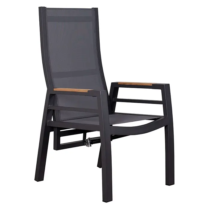 Bene Living Gartenstuhl Sevilla - Aluminium, Rückenlehne verstellbar, grau, B x T x H: 60 x 67 x 109 cm - Dunkelgrauer Metall-Garten-Liegestuhl mit Netzgewebe und Holzarmlehnen.