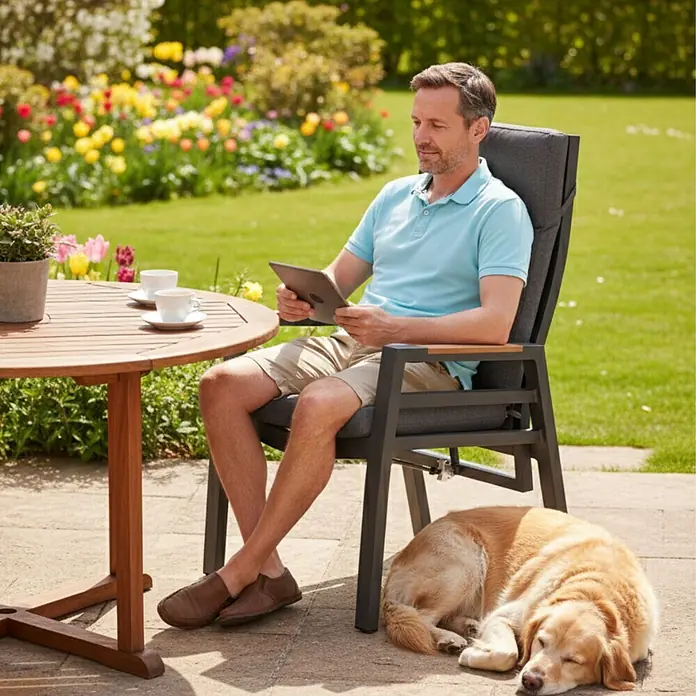 Bene Living Gartenstuhl Sevilla - Aluminium, Rückenlehne verstellbar, grau, B x T x H: 60 x 67 x 109 cm - Mann entspannt auf einem dunkelgrauen Outdoor-Stuhl mit grauen Polstern und Holzarmlehnen, ein Tablet nutzend.