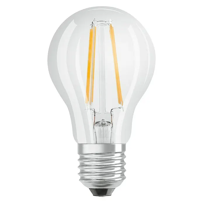 Osram Star LED-Lampen Set Glühlampenform E27 klar 2er Pack - E27, Nicht Dimmbar, Warmweiß, 470 lm, 4 W - Nahaufnahme einer klaren LED-Glühbirne mit einem silbernen Sockel und zwei vertikalen Glühfäden.