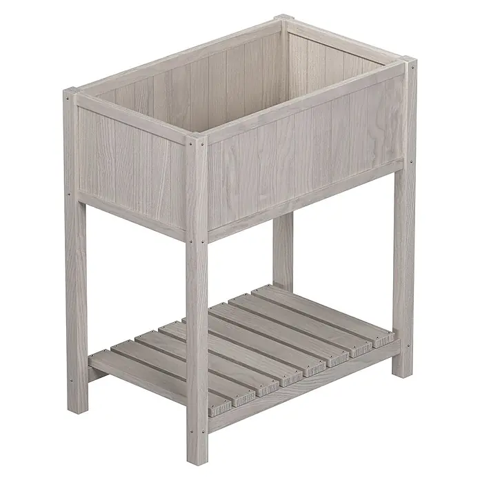 Butenkist Huerto Geseke - 75 x 45 x 85 cm, Madera, Gris - Huerto elevado de madera gris claro con estante inferior de lamas, ideal para plantar y almacenar.