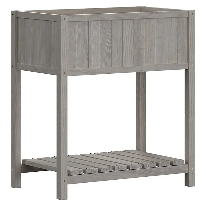 Butenkist Hochbeet Geseke - 75 x 45 x 85 cm, Holz, Warm Grey - Hellgraues Hochbeet in Holzoptik mit unterem Lattenrost als Ablage.
