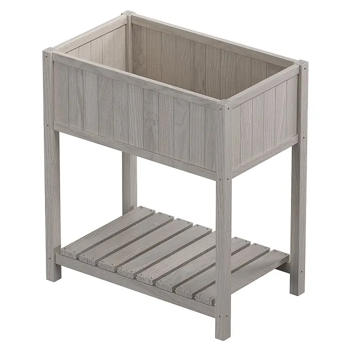 Butenkist Huerto Geseke - 75 x 45 x 85 cm, Madera, Gris - Jardinera elevada de madera gris claro con estante de listones para jardinería y almacenamiento.