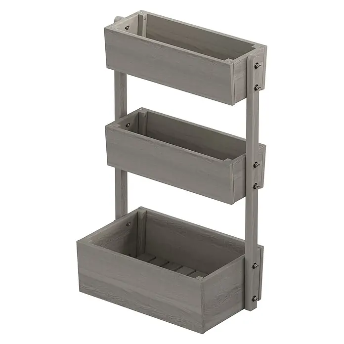 Butenkist Huerto Freyja - 76 x 43 x 120 cm, Madera, Gris - Estante de madera gris de tres niveles con cajas rectangulares, textura de veta de madera visible y cierres metálicos.