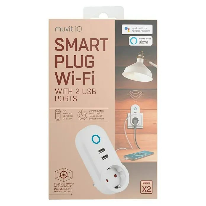 Muvit iO Enchufe inteligente inteligente WiFi con USB - Blanco - Imagen del empaquetado de un enchufe inteligente Wi-Fi Muvit io con 2 puertos USB, compatible con Google Assistant y Alexa.
