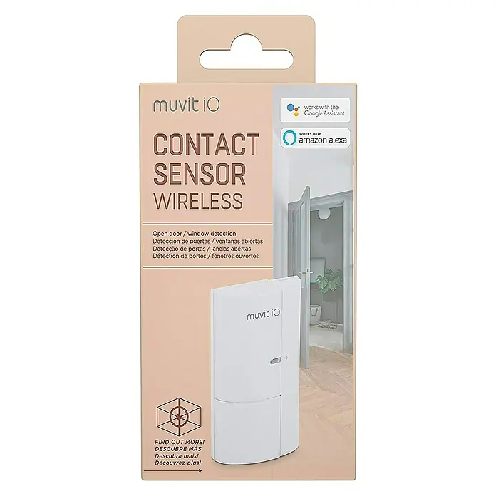 Muvit iO Sensor de ventana y puerta - WLAN - Paquete de un sensor de contacto inalámbrico Muvit iO para la detección de apertura de puertas/ventanas, compatible con Google Assistant y Amazon Alexa.