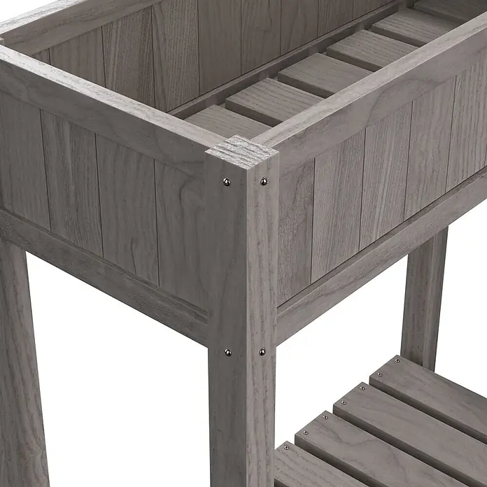 Butenkist Hochbeet Dete - 75 x 28 x 85 cm, Holz, Warm Grey - Graues Hochbeet aus Holz mit Lattenrostboden und unterer Ablagefläche.