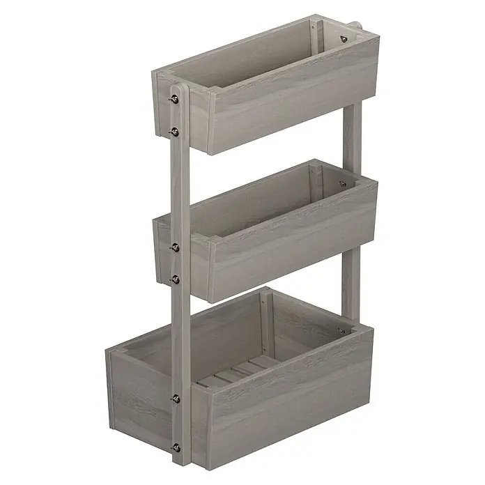 Butenkist Huerto Freyja - 76 x 43 x 120 cm, Madera, Gris - Estantería de tres niveles con cestas de madera gris envejecida y cierres metálicos, ideal para organizar.