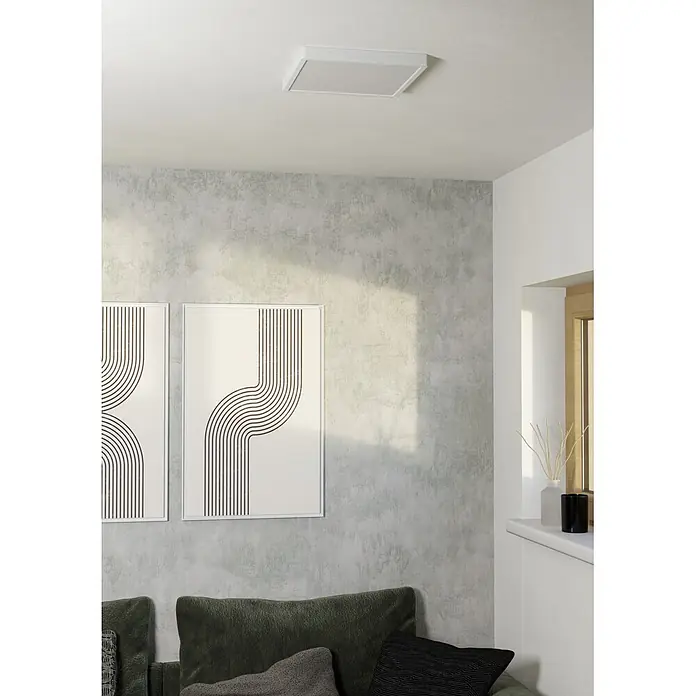 Eglo connect.z LED-Panel rund Rovito-Z - 16 W, Ø x H: 30 x 3 cm, Schwarz, RGBW - Weisse, quadratische LED-Deckenleuchte beleuchtet einen modernen Raum.