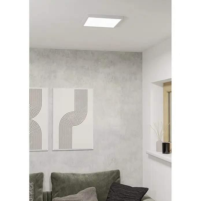 Eglo connect.z LED-Panel rund Rovito-Z - 16 W, Ø x H: 30 x 3 cm, Schwarz, RGBW - Quadratische weiße LED-Deckenleuchte beleuchtet einen modernen Wohnraum.