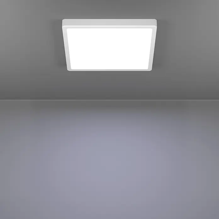 Eglo connect.z LED-Panel rund Rovito-Z - 16 W, Ø x H: 30 x 3 cm, Schwarz, RGBW - Weißes quadratisches Deckenlicht, an einer Decke montiert, einen Raum beleuchtend.