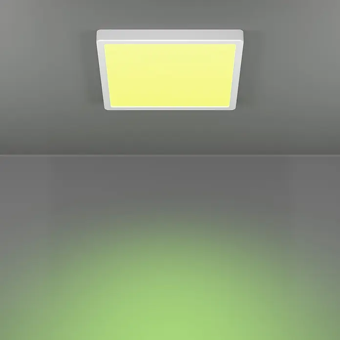 Eglo connect.z LED-Panel rund Rovito-Z - 16 W, Ø x H: 30 x 3 cm, Schwarz, RGBW - Quadratische weiße Deckenleuchte mit gelb leuchtendem Panel, an grauer Decke montiert, wirft sanftes grünes Licht auf die Wand.