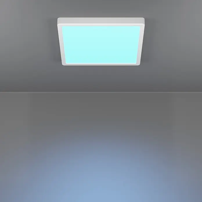 Eglo connect.z LED-Panel rund Rovito-Z - 16 W, Ø x H: 30 x 3 cm, Schwarz, RGBW - Weißes quadratisches LED-Deckenlicht, das hellblaues Licht ausstrahlt.