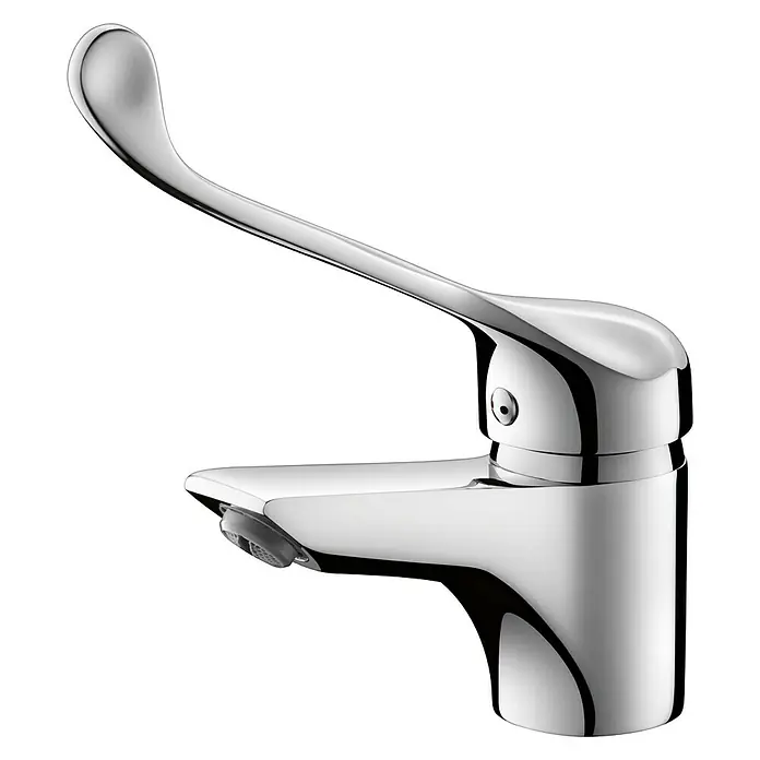Grifo de lavabo gerontológico Bailey - Cromo, Brillante - Grifo mezclador de lavabo cromado brillante con una elegante palanca curva para diseños de baño modernos.