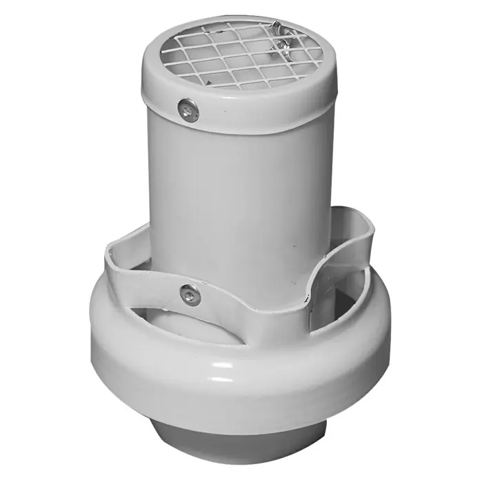 Deflector coaxial estanco - Diámetro: 60.100 mm - Primer plano de un tubo de ventilación blanco con rejilla y soporte, sobre un fondo negro.