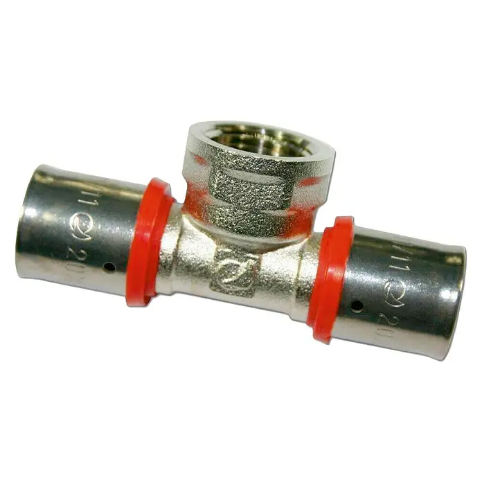 Isoltubex Pieza T roscada H - Diámetro: 20 mm, ½″, Latón - Un conector de tubería en T de metal con anillos de sellado rojos, ideal para la instalación de sistemas de plomería.