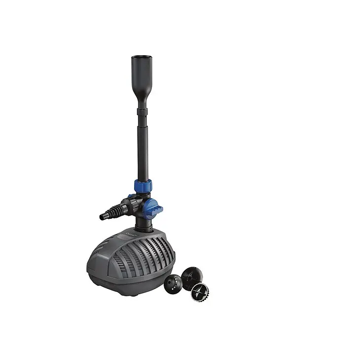 Oase Wasserspielpumpe Aquarius Fountain Set - Fördermenge pro Std.: 1.000 l - Schwarz-blaue Teichpumpe mit verstellbarem Steigrohr und austauschbaren Fontänendüsen.