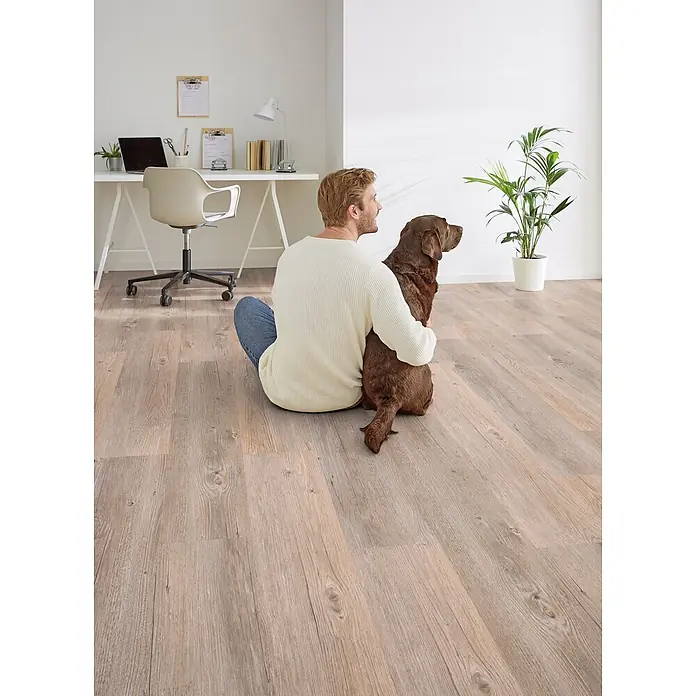 Decolife Designboden Freestyle Access Kenai Oak - 1.220 x 185 x 8,5 mm, Landhausdiele, Kenai Oak - Heller Holzboden mit natürlicher Maserung in einem Raum, in dem ein Mann und sein Hund sitzen, was seinen Komfort und seine Ästhetik unterstreicht.