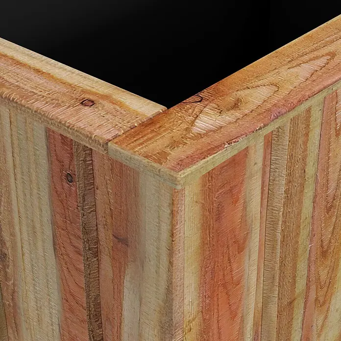 Hochbeet Vancouver - 90 x 140 x 80 cm, Holz, Braun - Nahaufnahme einer Ecke eines Holzpflanzkastens mit naturhellbraunen Brettern und sichtbarer Holzmaserung.