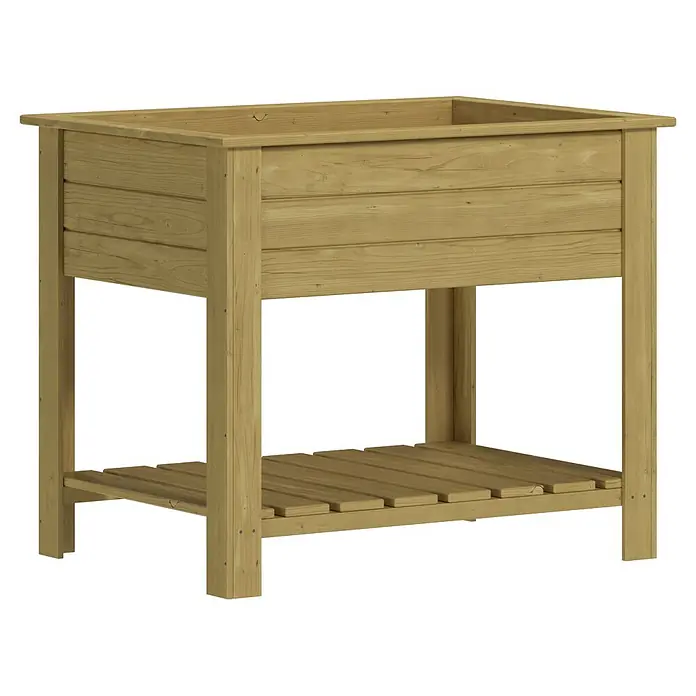 Hochbeet - L x B x H: 80 x 110 x 90 cm, Holz, Braun - Hochbeet aus hellem Holz mit Lamellenwänden und einer unteren Ablagefläche.