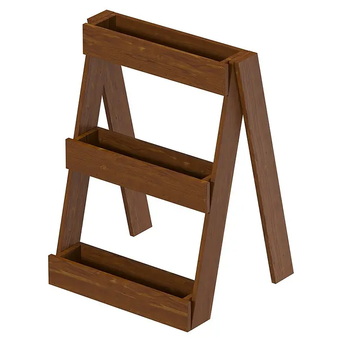 Hochbeet Ortolegno Balcony - Holz, Kastanienbraun - Dreistufiger, brauner A-Rahmen-Pflanzständer aus Holz mit rechteckigen Kästen für Pflanzen.
